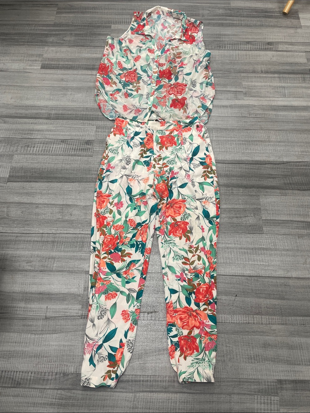 Guess White Floral Sleeveless Jumpsuit with Coral and Teal Print